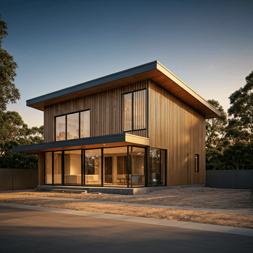 A contemporary Australian home under construction with timber cladding and large windows, bathed in warm afternoon light